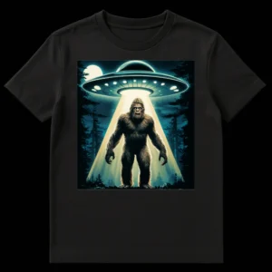 Hyper-realistic t-shirt design of Bigfoot being abducted by a UFO tractor beam under a starry night sky with a full moon and pine forest background. on Black t-shirt