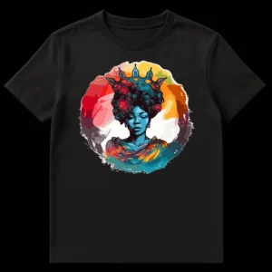 Stylized portrait of a Black woman with a crown and blue skin, symbolizing regality and empowerment, on a black t-shirt. on Black t-shirt