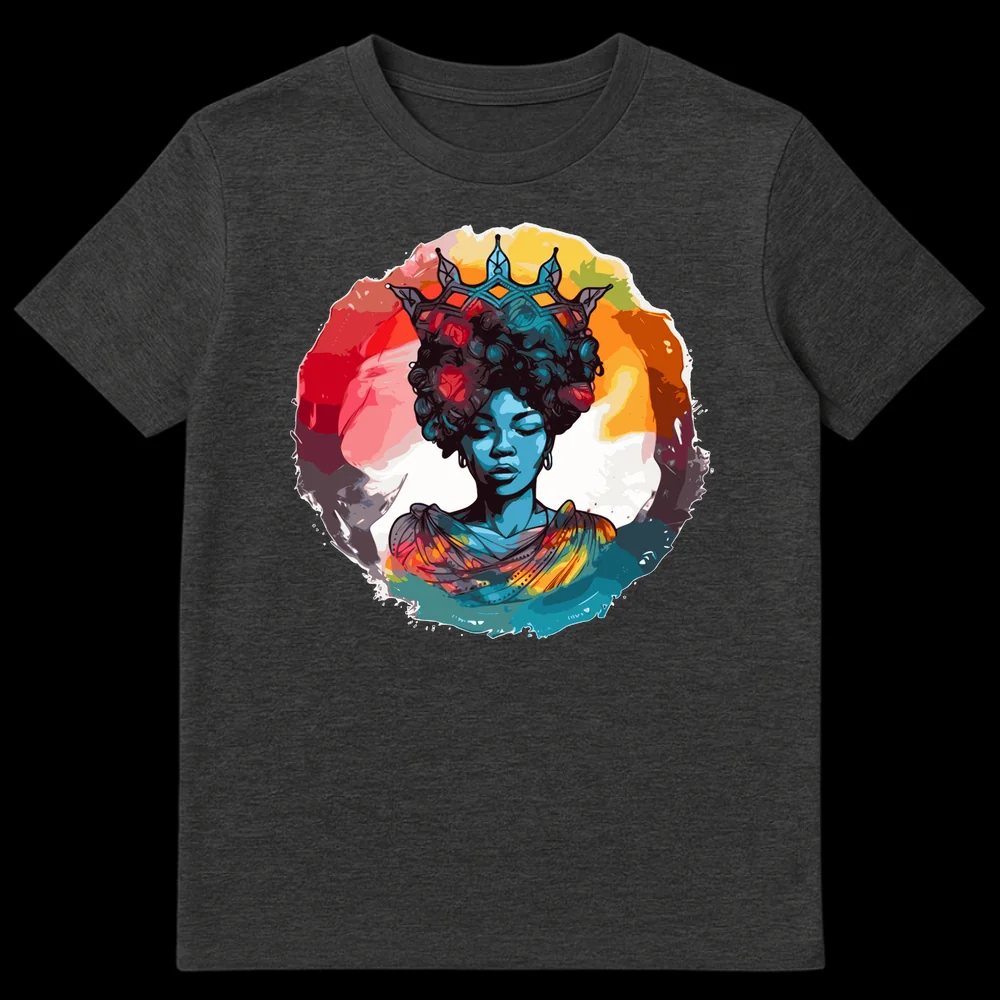 Stylized portrait of a Black woman with a crown and blue skin, symbolizing regality and empowerment, on a black t-shirt. on Dark Heather t-shirt