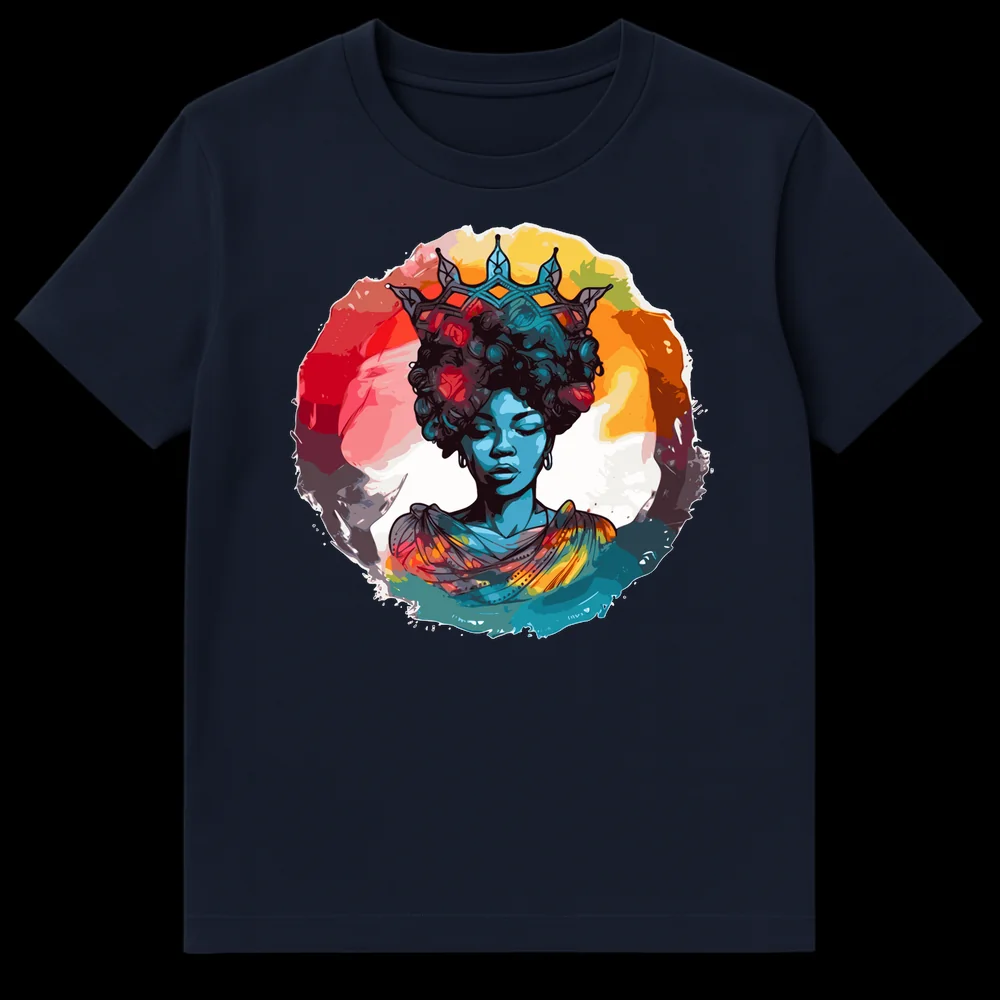 Stylized portrait of a Black woman with a crown and blue skin, symbolizing regality and empowerment, on a black t-shirt. on Navy Blue t-shirt