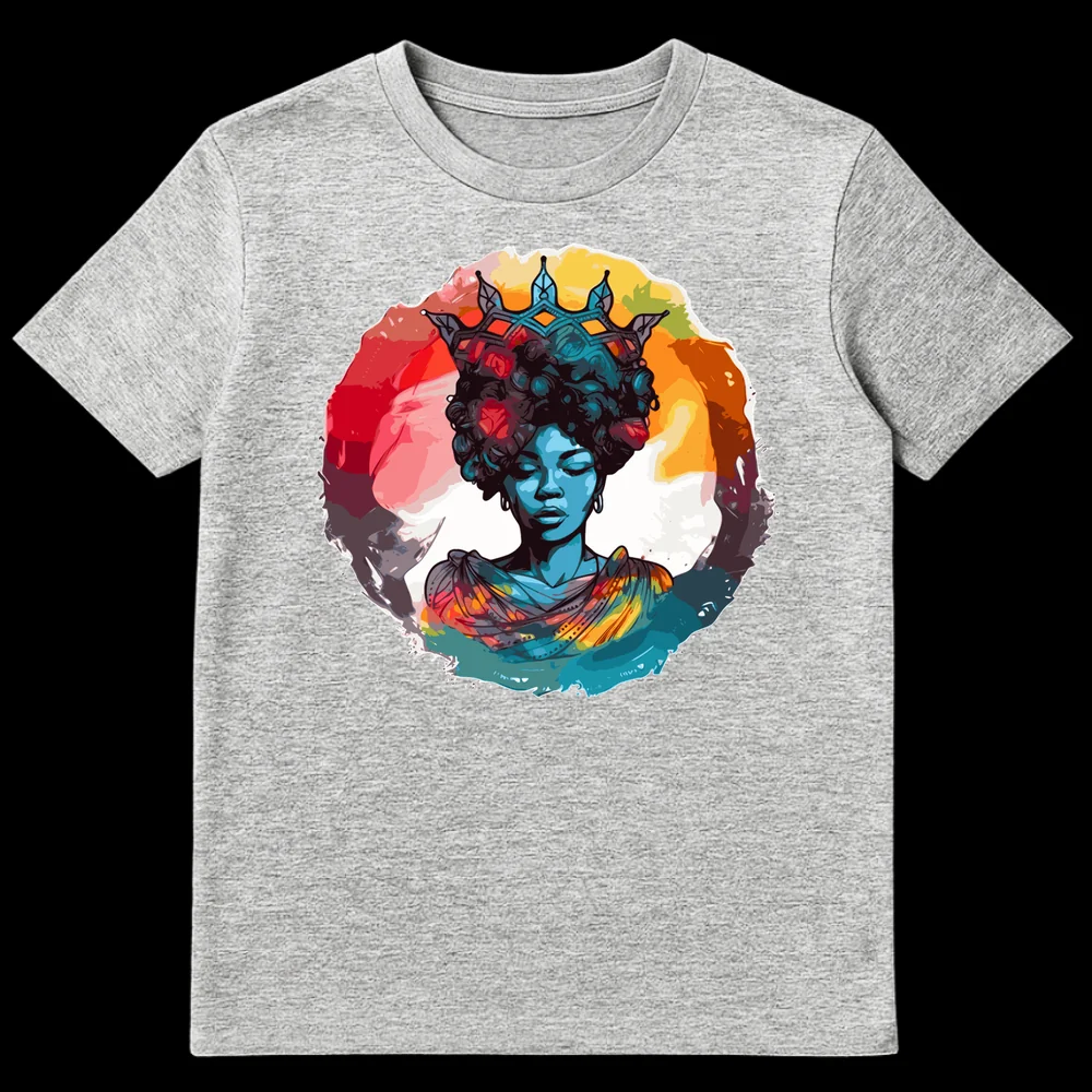 Stylized portrait of a Black woman with a crown and blue skin, symbolizing regality and empowerment, on a black t-shirt. on Sports Grey t-shirt