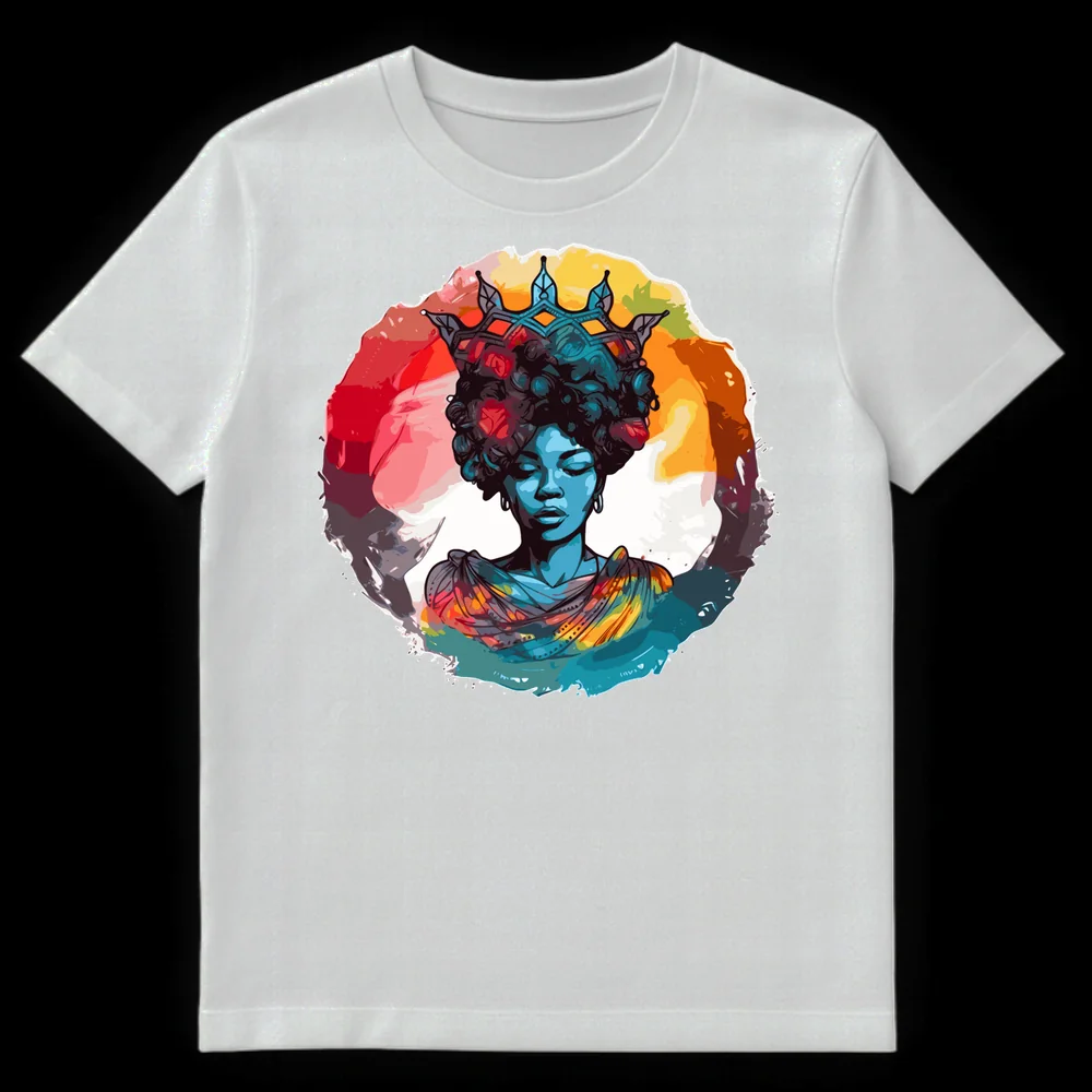 Stylized portrait of a Black woman with a crown and blue skin, symbolizing regality and empowerment, on a black t-shirt. on White t-shirt