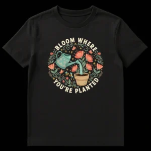 T-shirt with 'BLOOM WHERE YOU'RE PLANTED' text and a vibrant folk art garden illustration featuring flowers, a watering can, bees, and butterflies. on Black t-shirt