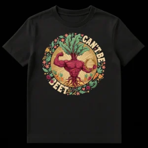 Muscular beet t-shirt with 'CAN'T BE BEET' pun for fitness and healthy eating humor on Black t-shirt