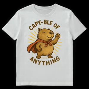 Capybara superhero t-shirt with 'CAPY-BLE OF ANYTHING' text in hand-drawn, cartoon style on White t-shirt