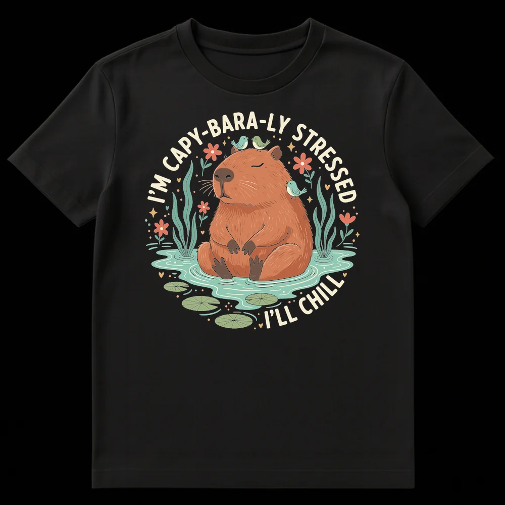 Zen capybara t-shirt design with 'I'M CAPY-BARA-LY STRESSED, I'LL CHILL' text, featuring a capybara in water with birds and plants on Black t-shirt