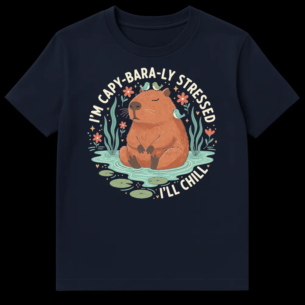 Zen capybara t-shirt design with 'I'M CAPY-BARA-LY STRESSED, I'LL CHILL' text, featuring a capybara in water with birds and plants on Navy Blue t-shirt