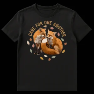 T-shirt with two affectionate red foxes, autumn leaves, and the text 'CARE FOR ONE ANOTHER' on a black background. on Black t-shirt