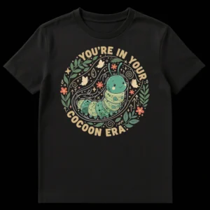 Cute caterpillar t-shirt "YOU'RE IN YOUR COCOON ERA." with boho nature art, pastel colors on black. on Black t-shirt