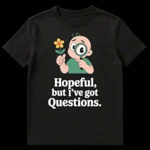 T-shirt with a cartoon child holding a flower and a magnifying glass, text reads 'Hopeful, but I've got Questions.' on Black t-shirt