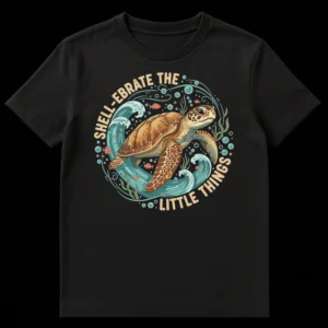 SHELL-EBRATE THE LITTLE THINGS Sea Turtle T-Shirt Design on Black t-shirt