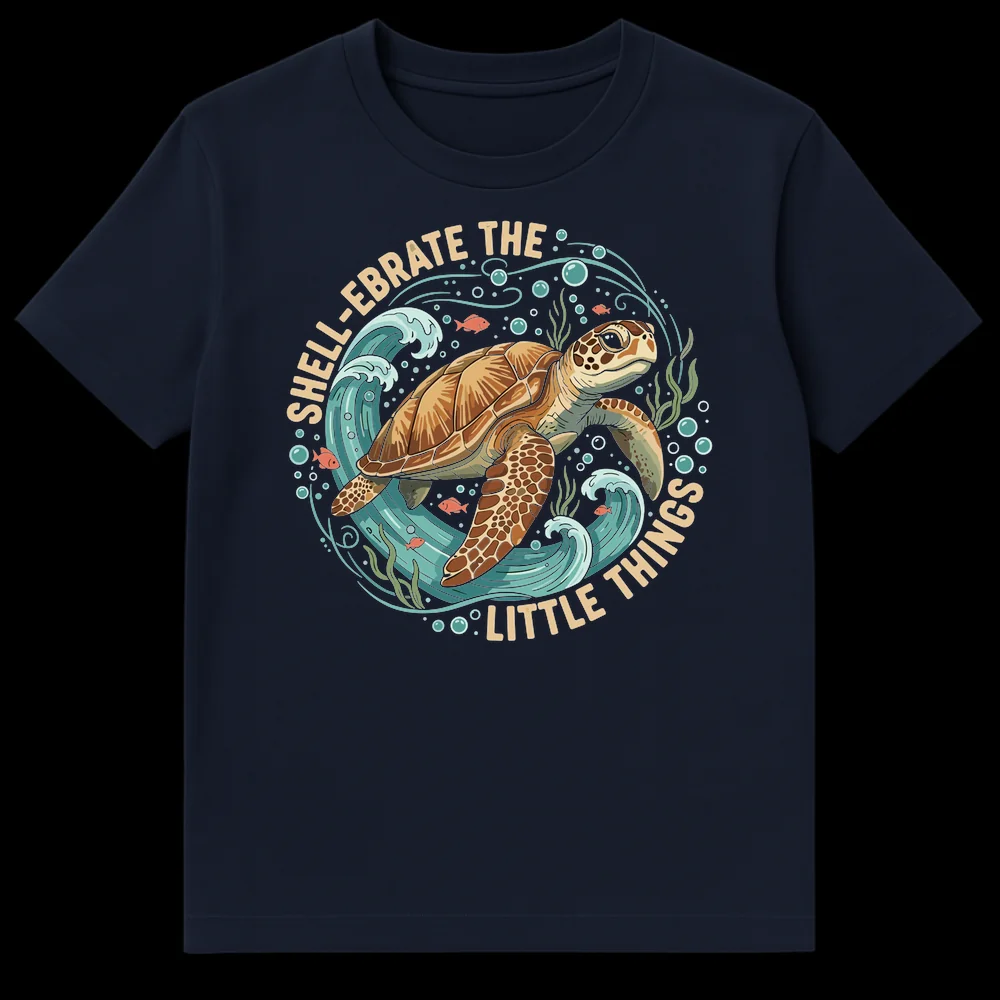 SHELL-EBRATE THE LITTLE THINGS Sea Turtle T-Shirt Design on Navy Blue t-shirt