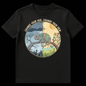 Chameleon T-Shirt "CHANGE YOUR HUE, CHANGE YOUR VIEW" split design, featuring rainy and sunny nature scenes. on Black t-shirt