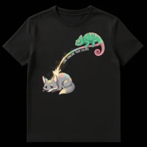 T-Shirt featuring a vibrant chameleon lending rainbow colors to a sad grey fox with text 'LEND SOMEONE YOUR COLORS' on Black t-shirt