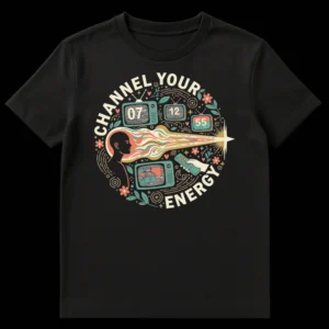 CHANNEL YOUR ENERGY t-shirt with retro TV remote, head silhouette, and colorful energy stream design on Black t-shirt