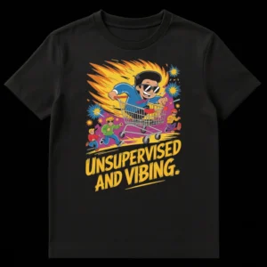 Unsupervised And Vibing T-Shirt with cartoon of friends racing a shopping cart, energetic retro style on Black t-shirt