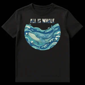 ALL IS WHALE funny t-shirt with blue whale, ocean waves, and jellyfish in a circular design on a black background on Black t-shirt