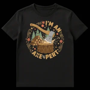 I'M AN AXEPERT t-shirt design featuring a cartoon axe in a tree stump with pine trees and logs in a rustic, hand-drawn style with an earthy color palette on a black background. on Black t-shirt