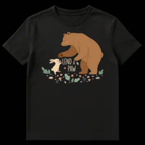 Lend a Paw t-shirt design with a cartoon bear and rabbit in a woodland scene, illustrating the pun 'lend a paw' on Black t-shirt