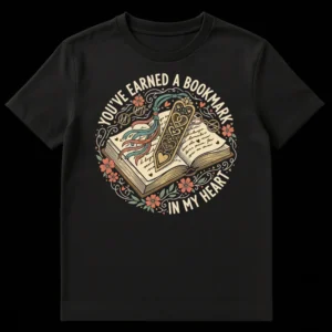Vintage ornate book with 'You've Earned A Bookmark In My Heart' text t-shirt design for book lovers and romantics on Black t-shirt