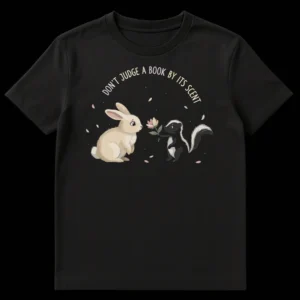 Whimsical t-shirt design with a skunk offering a flower to a rabbit and the text 'DON'T JUDGE A BOOK BY ITS SCENT' on Black t-shirt