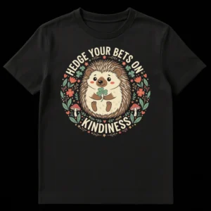 Whimsical black t-shirt with a cartoon hedgehog holding a shamrock, surrounded by folk art flowers and mushrooms, with the text 'HEDGE YOUR BETS ON KINDNESS' in a cream color. on Black t-shirt