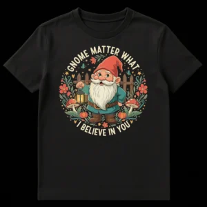 Whimsical garden gnome t-shirt with 'Gnome Matter What I Believe In You' text, folk art style illustration on Black t-shirt