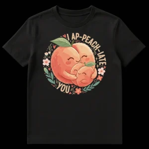I AP-PEACH-IATE YOU t-shirt design with three cute, hugging peaches and floral accents on a dark background. on Black t-shirt