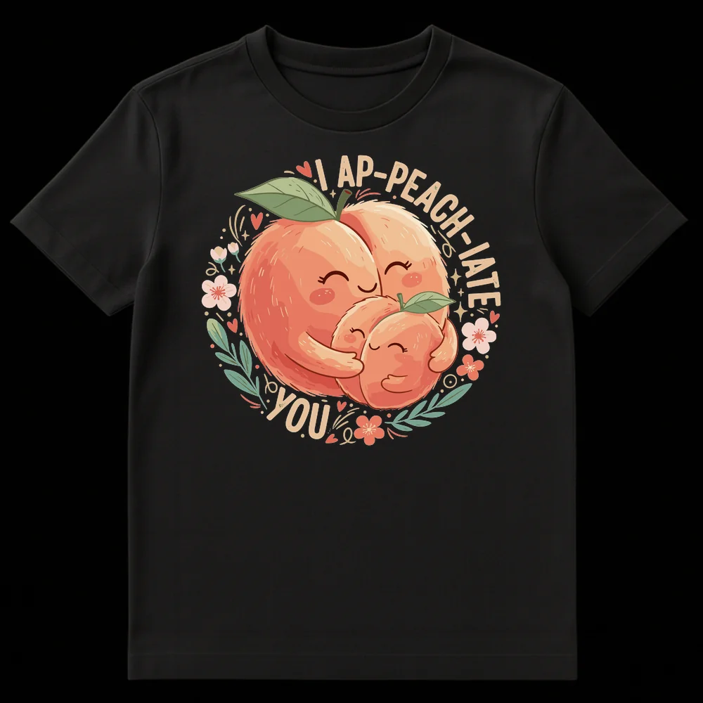 I AP-PEACH-IATE YOU t-shirt design with three cute, hugging peaches and floral accents on a dark background. on Black t-shirt
