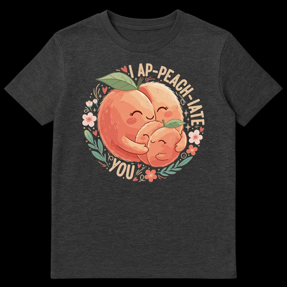 I AP-PEACH-IATE YOU t-shirt design with three cute, hugging peaches and floral accents on a dark background. on Dark Heather t-shirt
