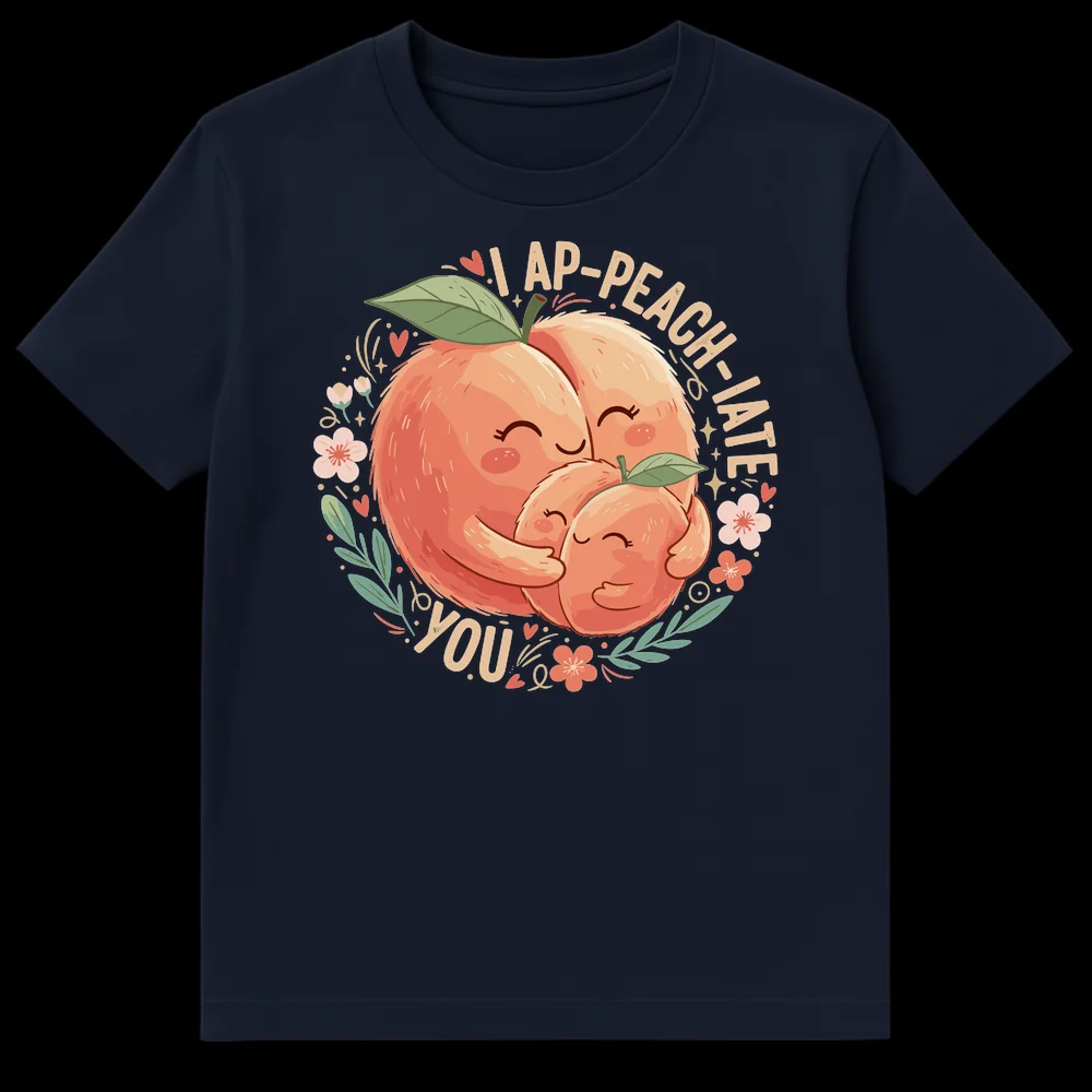 I AP-PEACH-IATE YOU t-shirt design with three cute, hugging peaches and floral accents on a dark background. on Navy Blue t-shirt