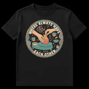 T-shirt with 'WHEEL ALWAYS HAVE EACH OTHER' text and an illustration of hands on a potter's wheel with pottery tools in a rustic style on Black t-shirt