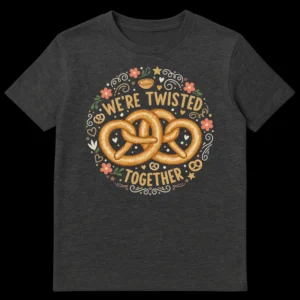 Two interlocking pretzels with 'We're Twisted Together' text, decorative flowers, hearts, and a dip bowl on a dark t-shirt. on Dark Heather t-shirt