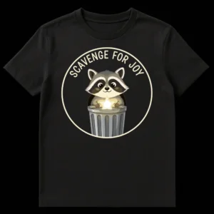 Cute raccoon peeking from a trash can holding a glowing star with 'SCAVENGE FOR JOY' text above, on a black t-shirt. on Black t-shirt