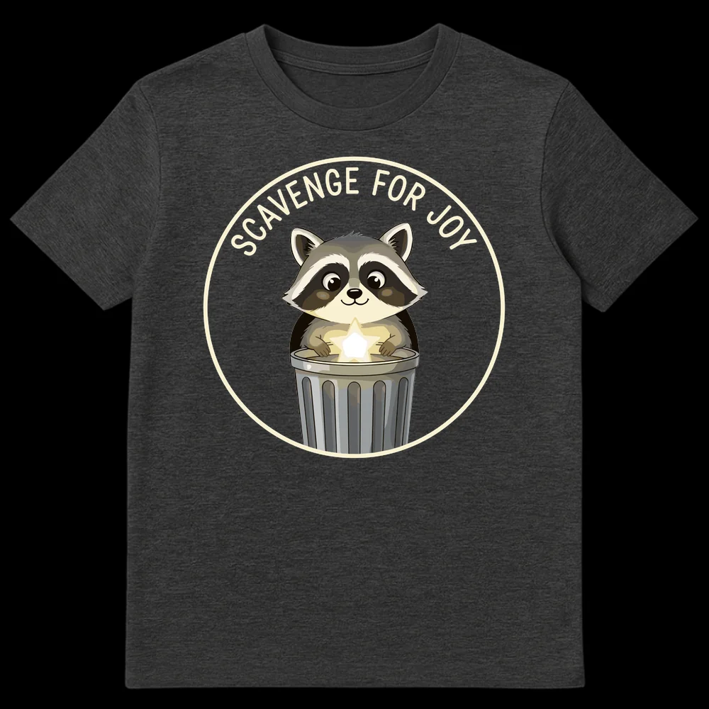 Cute raccoon peeking from a trash can holding a glowing star with 'SCAVENGE FOR JOY' text above, on a black t-shirt. on Dark Heather t-shirt
