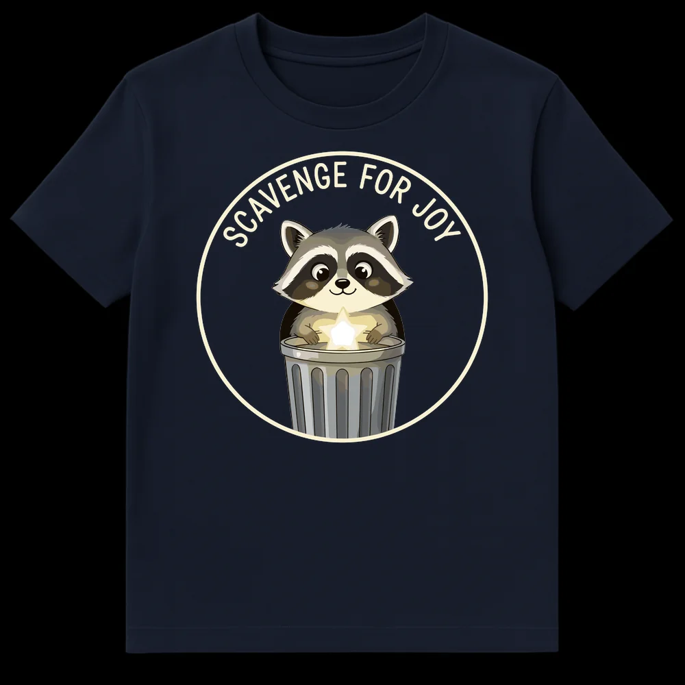 Cute raccoon peeking from a trash can holding a glowing star with 'SCAVENGE FOR JOY' text above, on a black t-shirt. on Navy Blue t-shirt