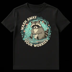 Cute cartoon raccoon washing in water, "Wash Away Your Worries" text, aqua background. on Black t-shirt