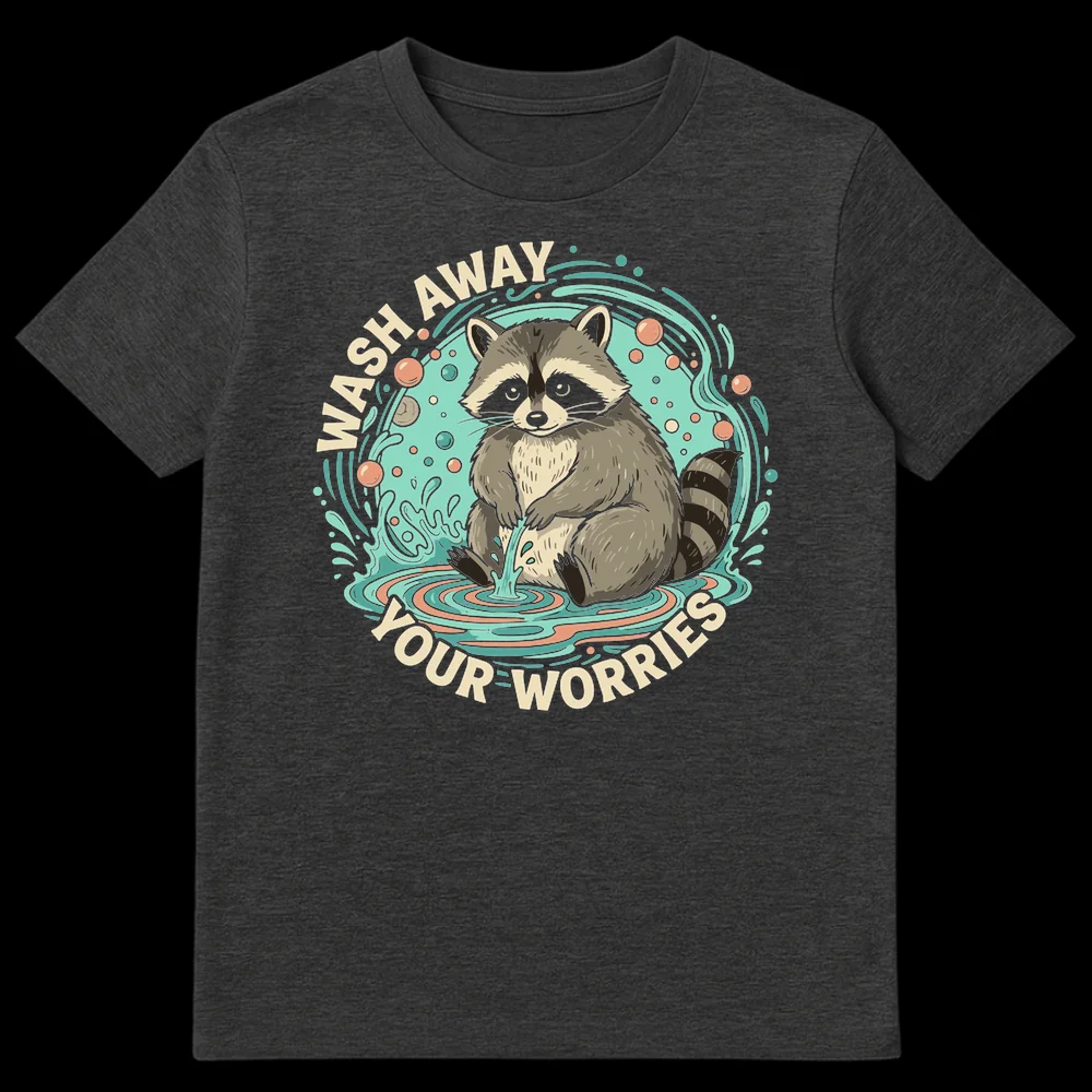 Cute cartoon raccoon washing in water, "Wash Away Your Worries" text, aqua background. on Dark Heather t-shirt