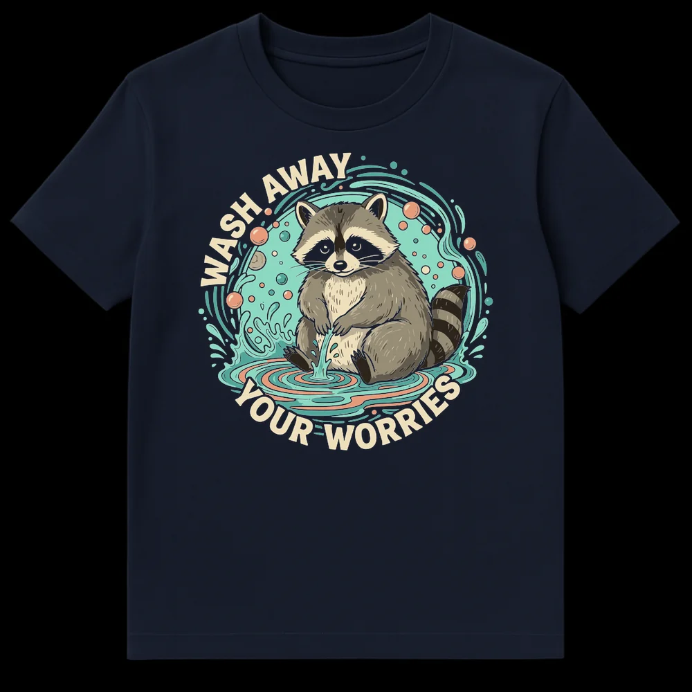 Cute cartoon raccoon washing in water, "Wash Away Your Worries" text, aqua background. on Navy Blue t-shirt