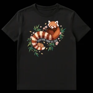 Cute red panda and baby bunny sleeping on a t-shirt with 'Everything Panda Out Okay' pun text on Black t-shirt