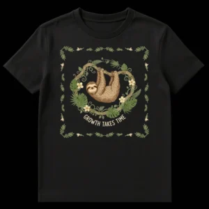 Cute sloth hanging on branch t-shirt with text GROWTH TAKES TIME, hand-drawn style, black background on Black t-shirt