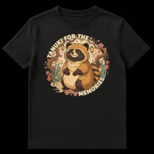 Cute Tanuki 'Tanuki For The Memories' t-shirt with Japanese sakura, bamboo, and lanterns on a black background. on Black t-shirt