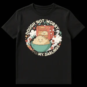 Cute baking t-shirt with two smiling dough characters, an oven, and mixing bowl, featuring the pun 'DOUGH* NOT WORRY MY DARLINGS' in cream text on a black background. on Black t-shirt