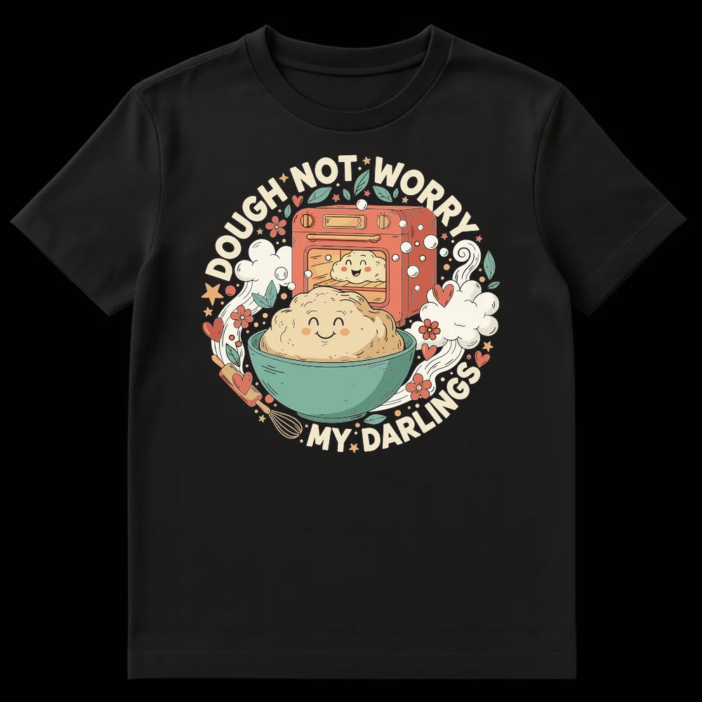 Cute baking t-shirt with two smiling dough characters, an oven, and mixing bowl, featuring the pun 'DOUGH* NOT WORRY MY DARLINGS' in cream text on a black background. on Black t-shirt