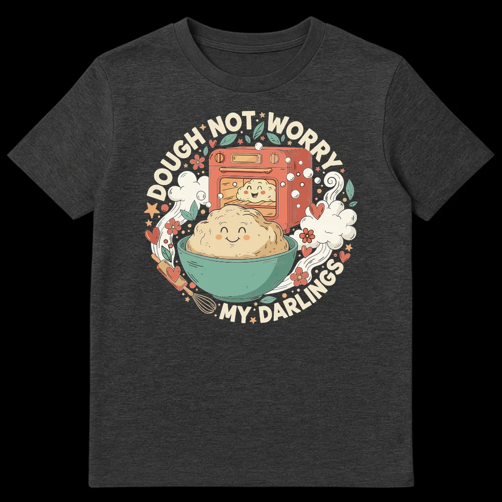 Cute baking t-shirt with two smiling dough characters, an oven, and mixing bowl, featuring the pun 'DOUGH* NOT WORRY MY DARLINGS' in cream text on a black background. on Dark Heather t-shirt
