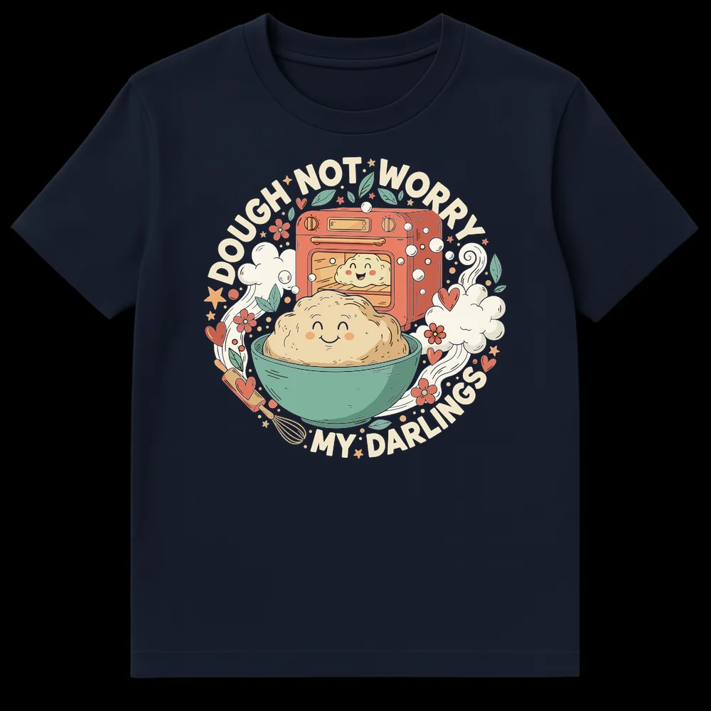 Cute baking t-shirt with two smiling dough characters, an oven, and mixing bowl, featuring the pun 'DOUGH* NOT WORRY MY DARLINGS' in cream text on a black background. on Navy Blue t-shirt
