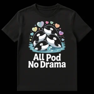 Cute cartoon orcas design with 'All Pod No Drama' text, surrounded by pastel hearts on a black t-shirt. on Black t-shirt