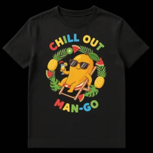 CHILL OUT MAN-GO t-shirt design featuring a cartoon mango relaxing in a deck chair with sunglasses and a drink, surrounded by tropical fruits and leaves on a black background. on Black t-shirt