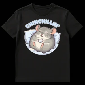 Cartoon chinchilla 'CHINCHILLIN'' t-shirt design, a cute grey chinchilla relaxing on a blue pillow with a teacup. on Black t-shirt