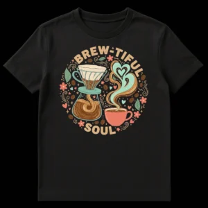 BREW-TIFUL SOUL t-shirt with pour-over coffee maker, coffee cup, heart steam, and coffee beans in whimsical pastel colors on black background on Black t-shirt